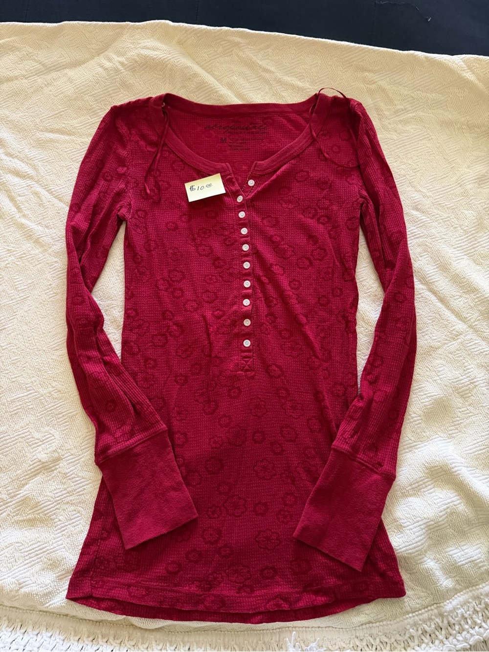 Aeropostale Women's Long Sleeve Red Henley with Subtle Floral Texture